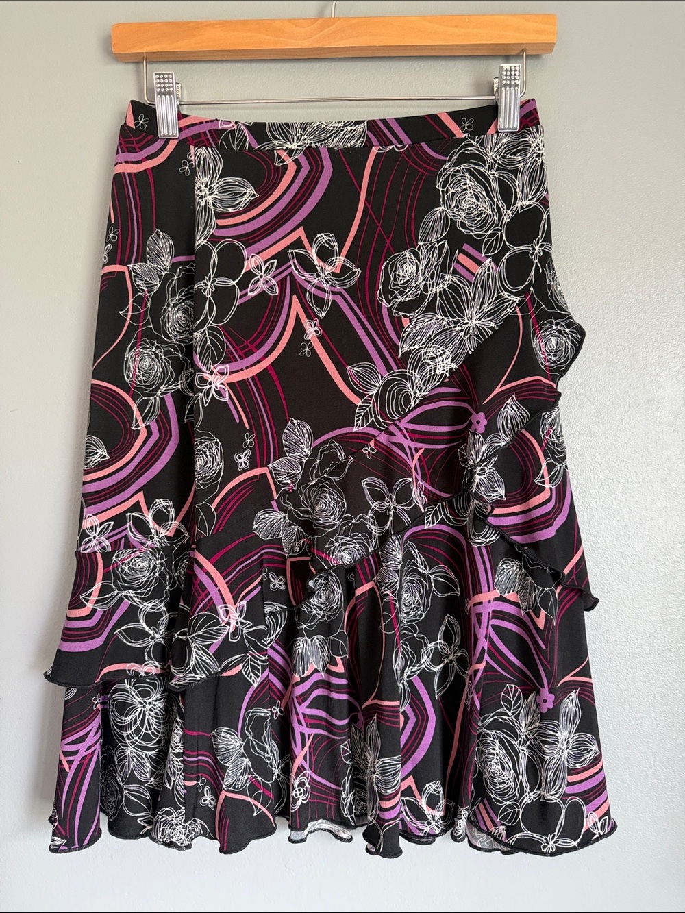 VTG Y2K Abstract Floral Ruffle Midi Skirt Black Pink‎ Purple Chiffon Asymmetric
